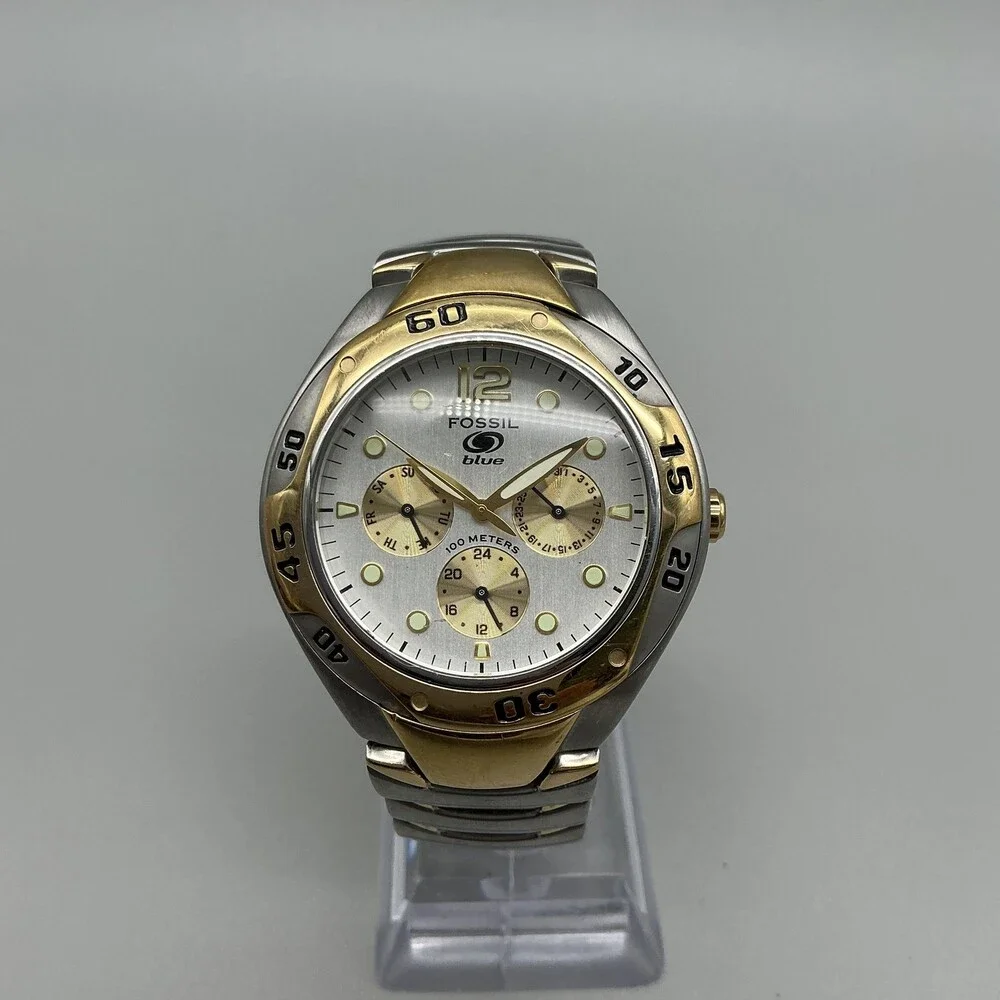 Fossil Blue BQ-9094 Mens Watch 40mm Silver Two Tone Stainless New Battery 6.5